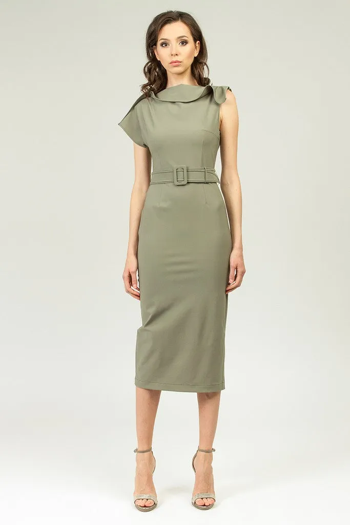 Olive Summer Office Fitted Short Sleeve Midi Dress with Belt