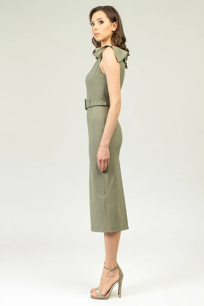 Olive Summer Office Fitted Short Sleeve Midi Dress with Belt