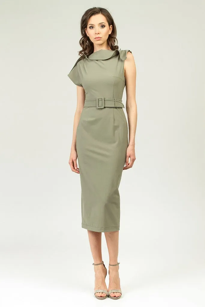 Olive Summer Office Fitted Short Sleeve Midi Dress with Belt