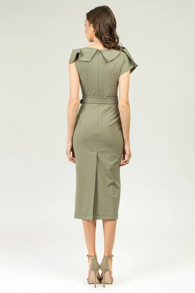 Olive Summer Office Fitted Short Sleeve Midi Dress with Belt