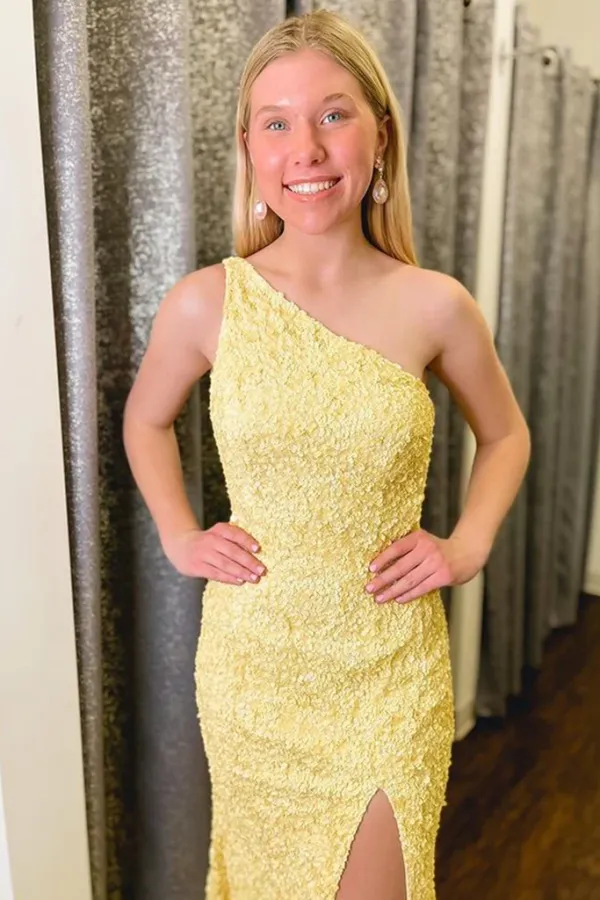 One Shoulder Mermaid Yellow Long Prom Dresses, Mermaid Yellow Formal Dresses APP0768