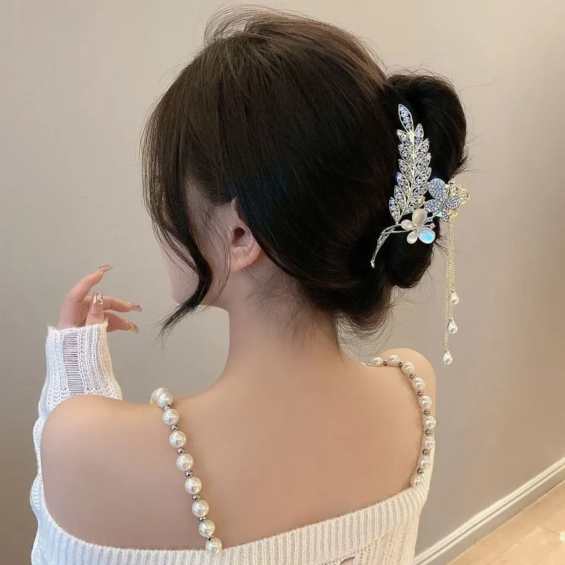 Pearl Chain Tassel Floral Butterfly Chignon Claw Clip Hair Clip