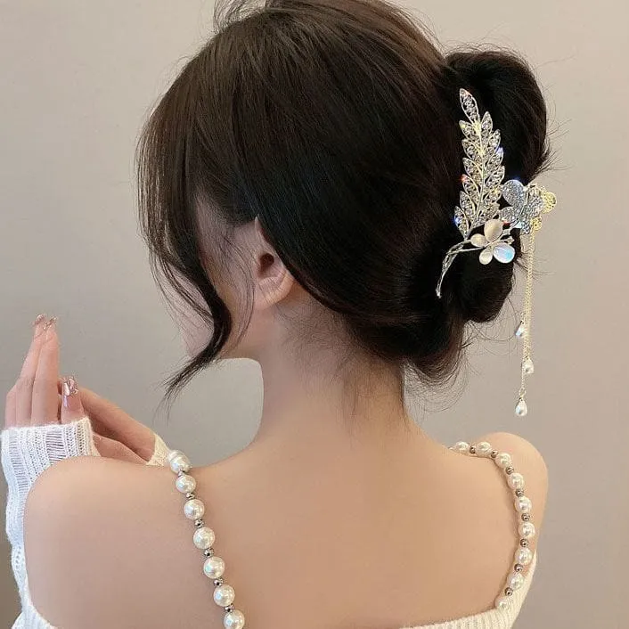 Pearl Chain Tassel Floral Butterfly Chignon Claw Clip Hair Clip