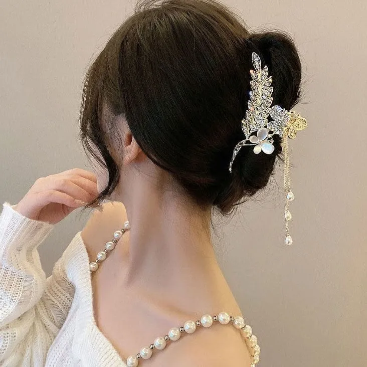 Pearl Chain Tassel Floral Butterfly Chignon Claw Clip Hair Clip