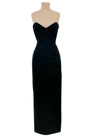 Perfectly Minimalist 1990s Richard Tyler Couture Sleek Sweetheart Neckline Strapless Black Silk Dress