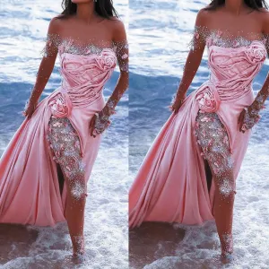 pink beaded jumpsuit for women sexy long sleeve crystals handmade flowers elegant pant suit party dresses