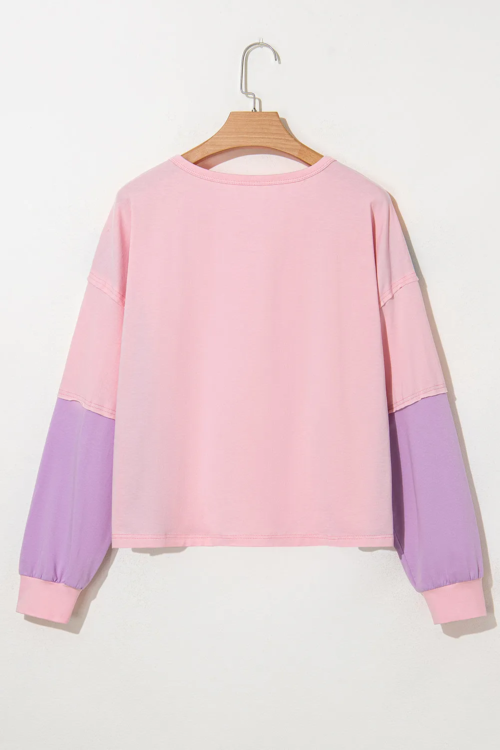 Pink Colorblock Long Sleeve Buttons Henley Top