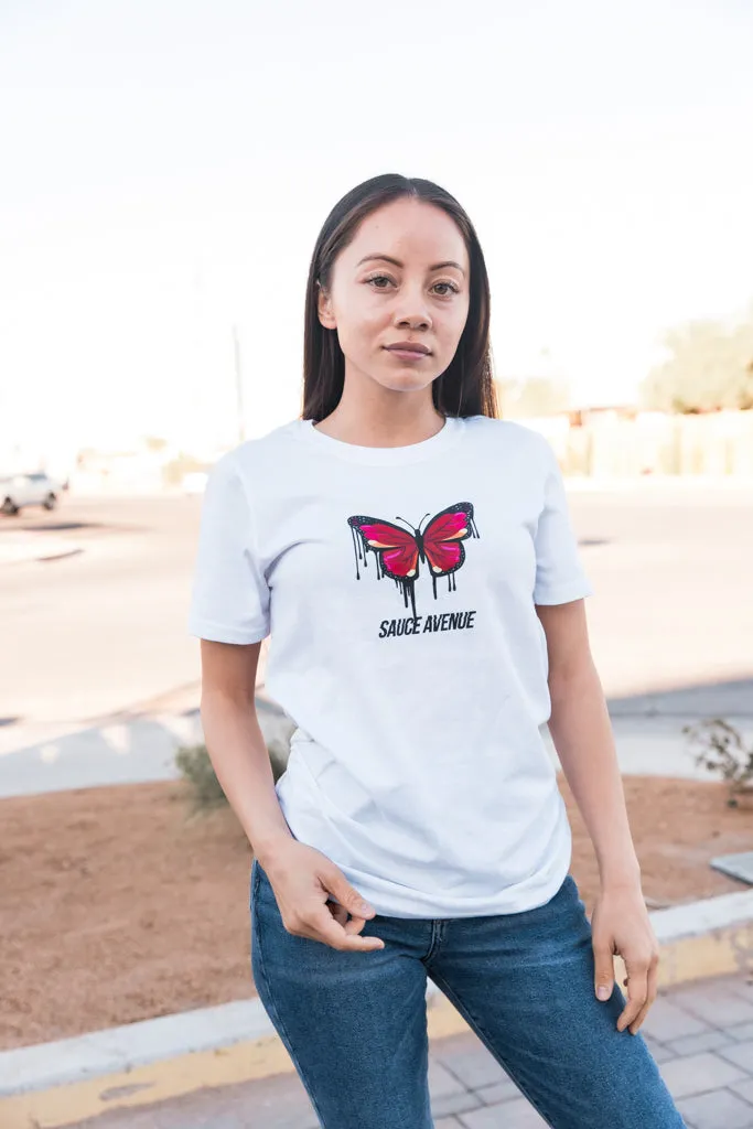 Pink Compassion Butterfly Drip | White Tee