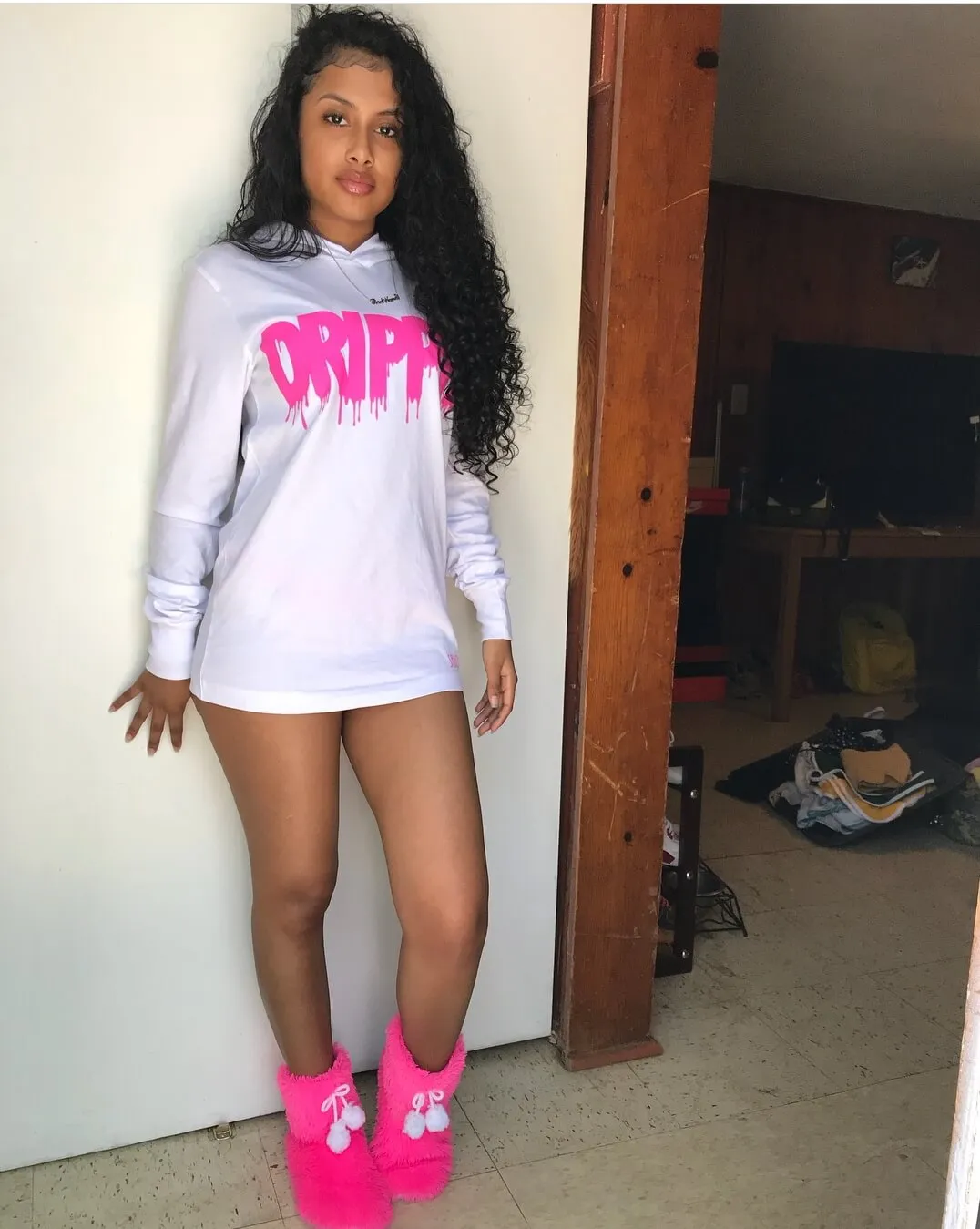Pink Drippin | White Jersey Long Sleeve Hoodie