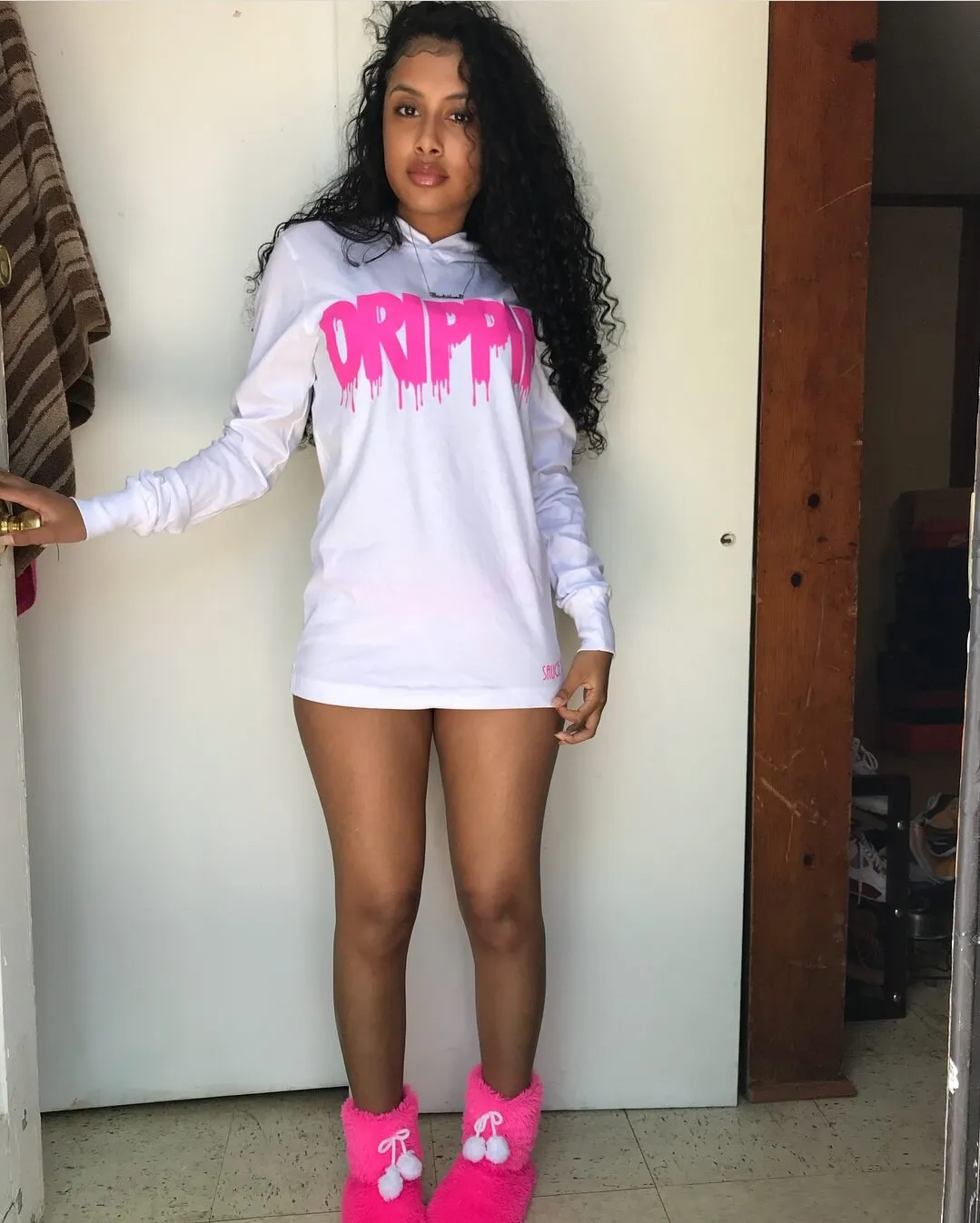 Pink Drippin | White Jersey Long Sleeve Hoodie
