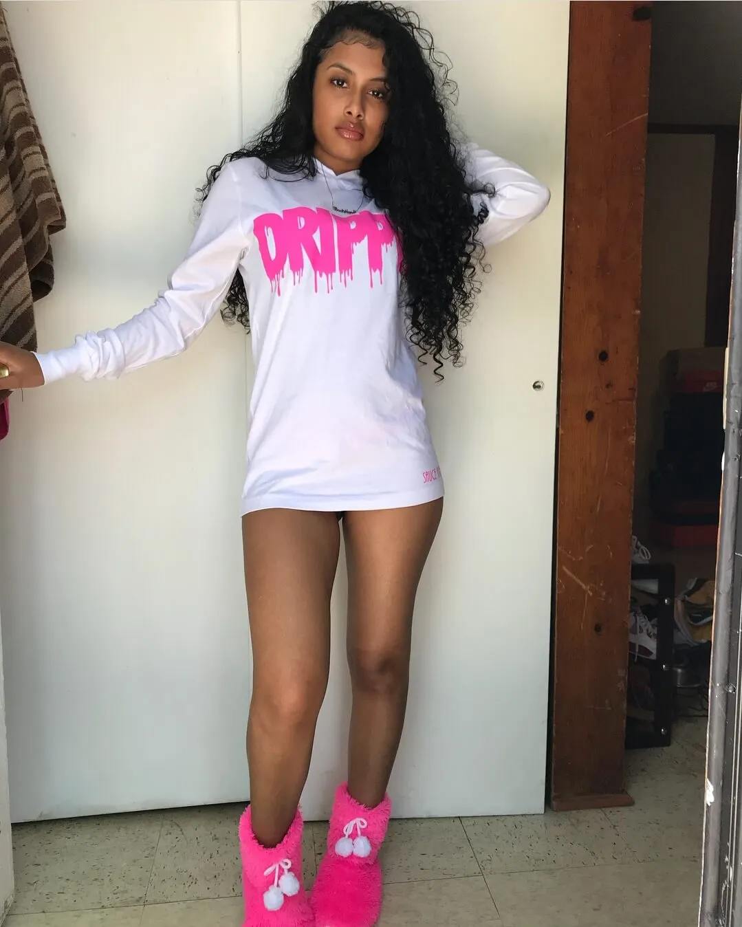 Pink Drippin | White Jersey Long Sleeve Hoodie