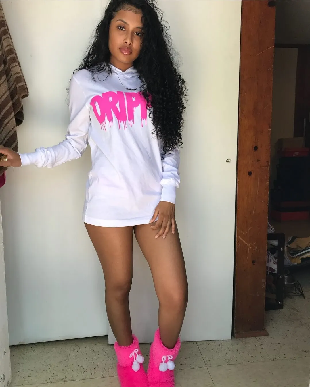 Pink Drippin | White Jersey Long Sleeve Hoodie