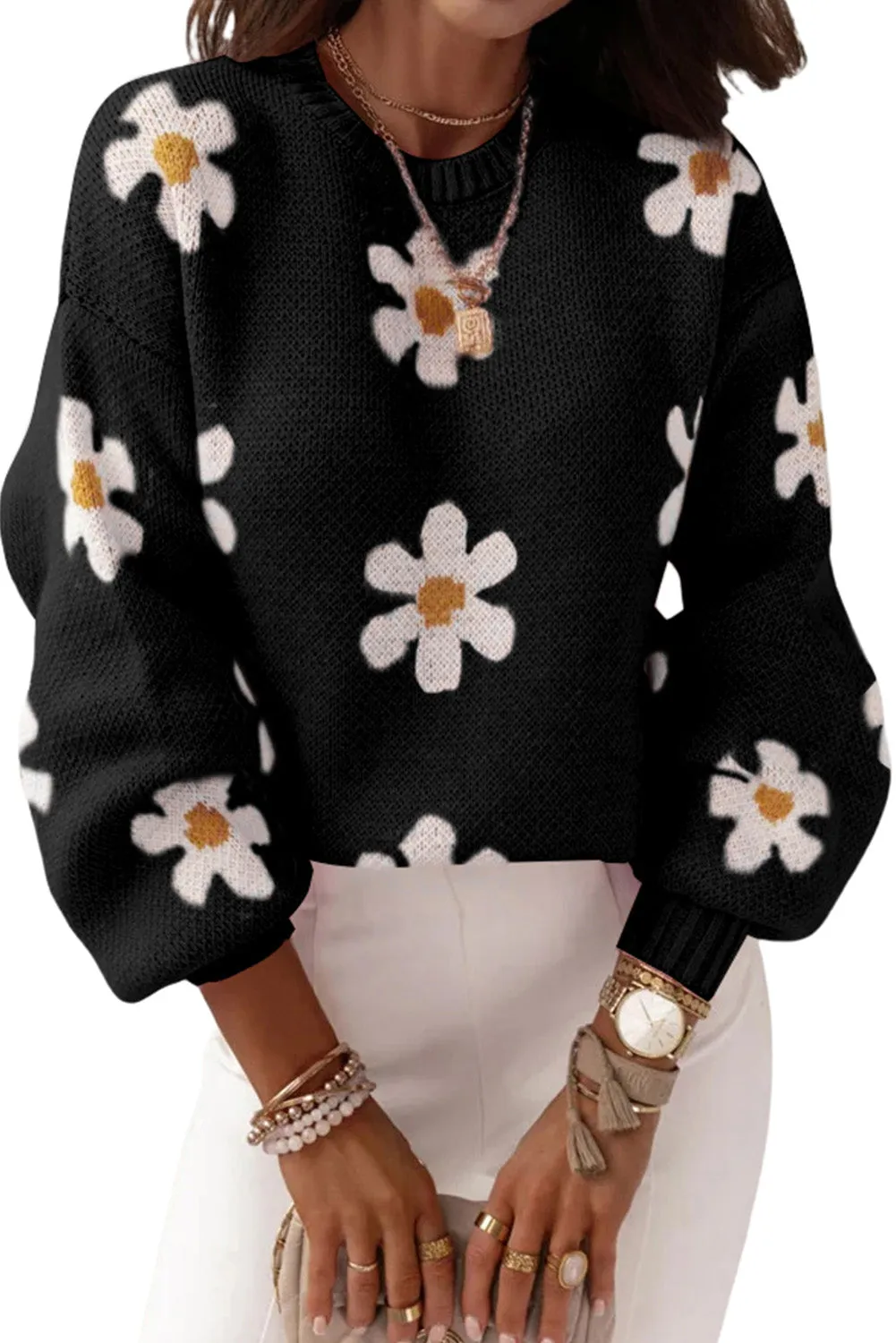 Pink Floral Pattern Drop Shoulder Sweater