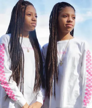 Pink SA | White Long Sleeve Tee (Solid Checkered Drippin Sleeves)