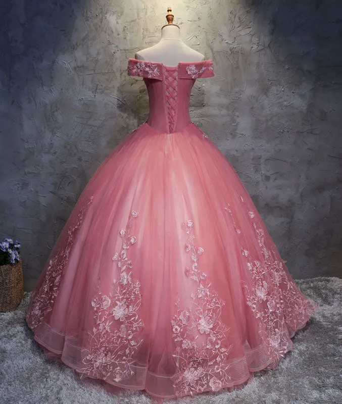 Pink sweetheart tulle lace applique long prom gown, sweet 16 dress