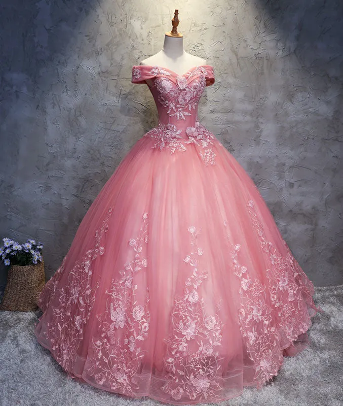 Pink sweetheart tulle lace applique long prom gown, sweet 16 dress