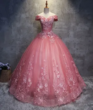 Pink sweetheart tulle lace applique long prom gown, sweet 16 dress