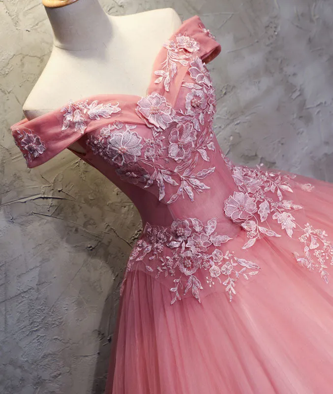 Pink sweetheart tulle lace applique long prom gown, sweet 16 dress
