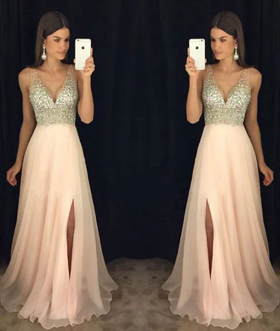 Pink v neck chiffon long prom dress, pink evening dress