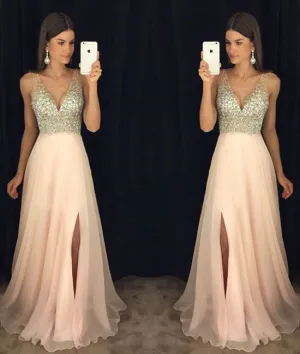 Pink v neck chiffon long prom dress, pink evening dress