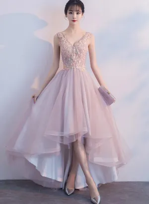 Pink V-neckline High Low Fashionable Party Dress, Pink Prom Dress
