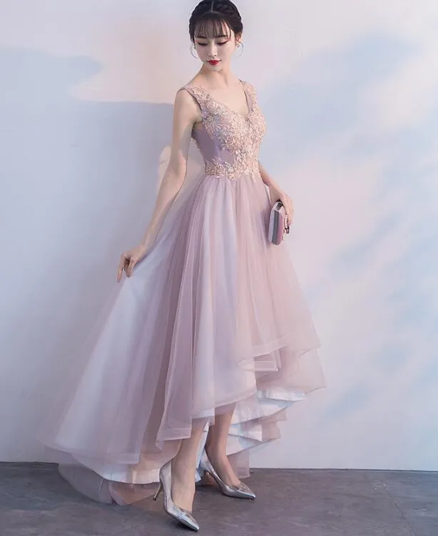 Pink V-neckline High Low Fashionable Party Dress, Pink Prom Dress
