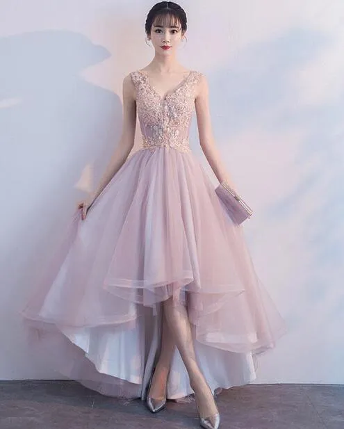 Pink V-neckline High Low Fashionable Party Dress, Pink Prom Dress