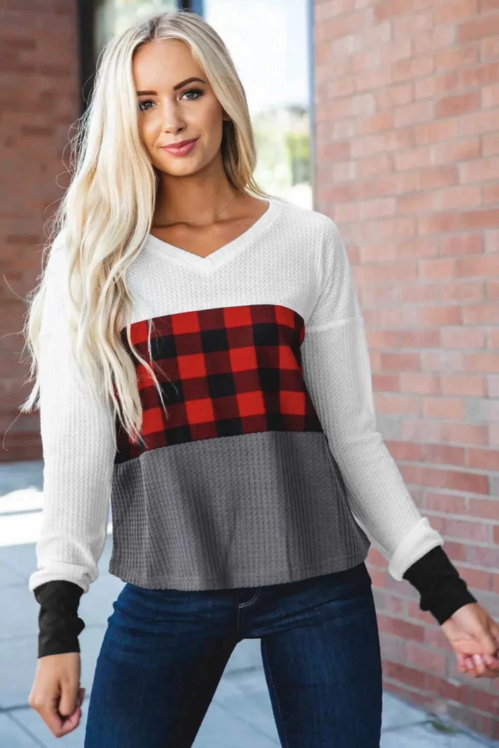 Plaid Color Block V Neck Long Sleeve Top