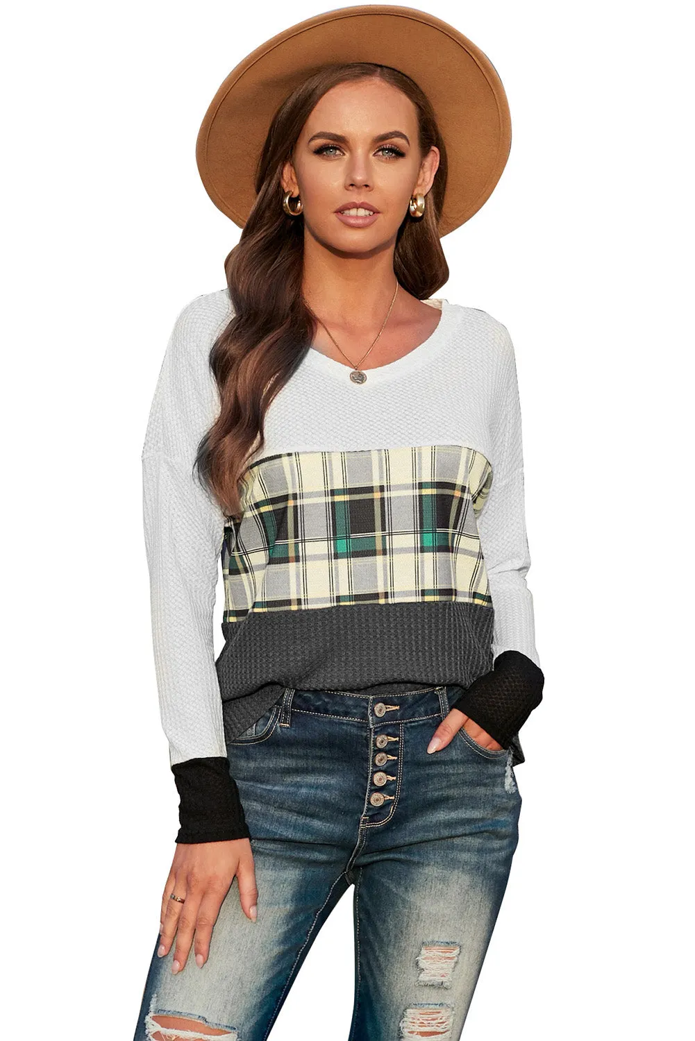 Plaid Color Block V Neck Long Sleeve Top