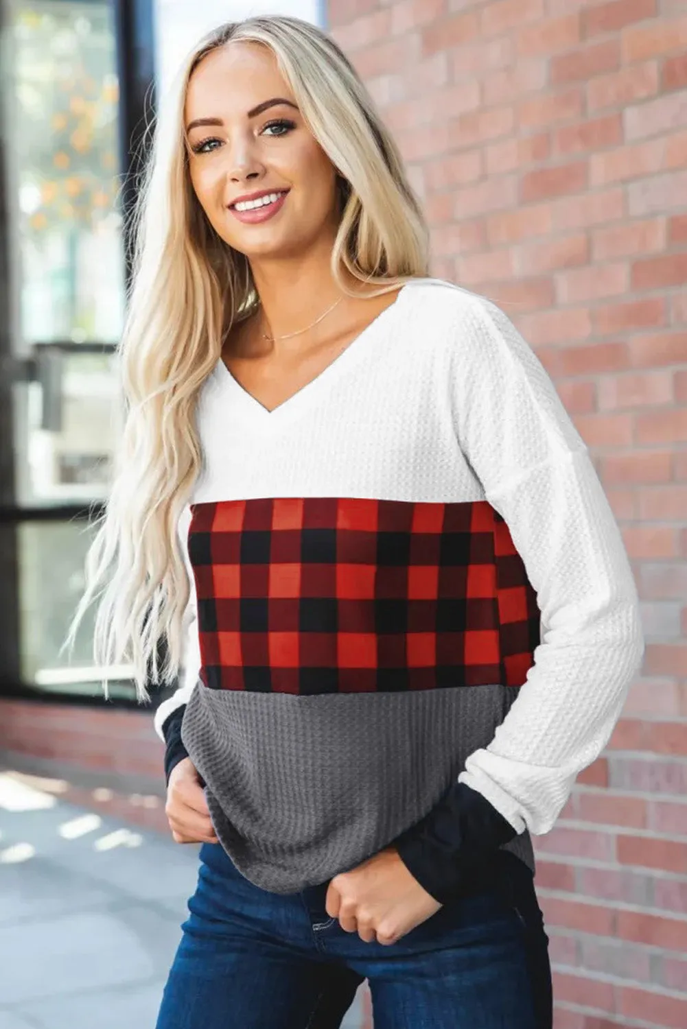 Plaid Color Block V Neck Long Sleeve Top