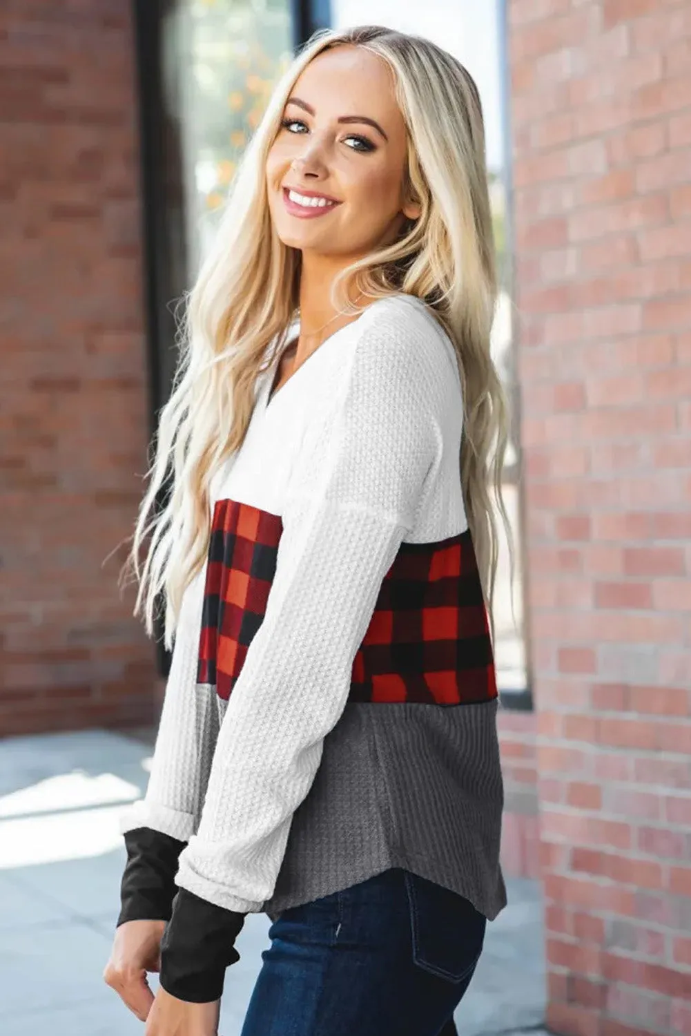 Plaid Color Block V Neck Long Sleeve Top