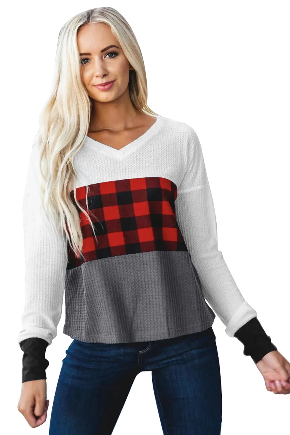 Plaid Color Block V Neck Long Sleeve Top