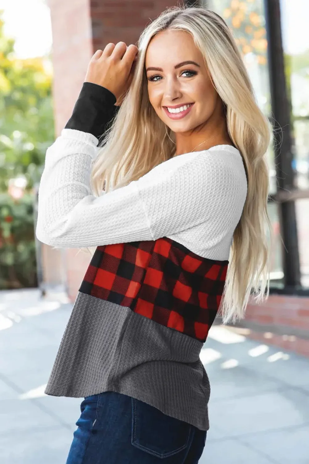 Plaid Color Block V Neck Long Sleeve Top