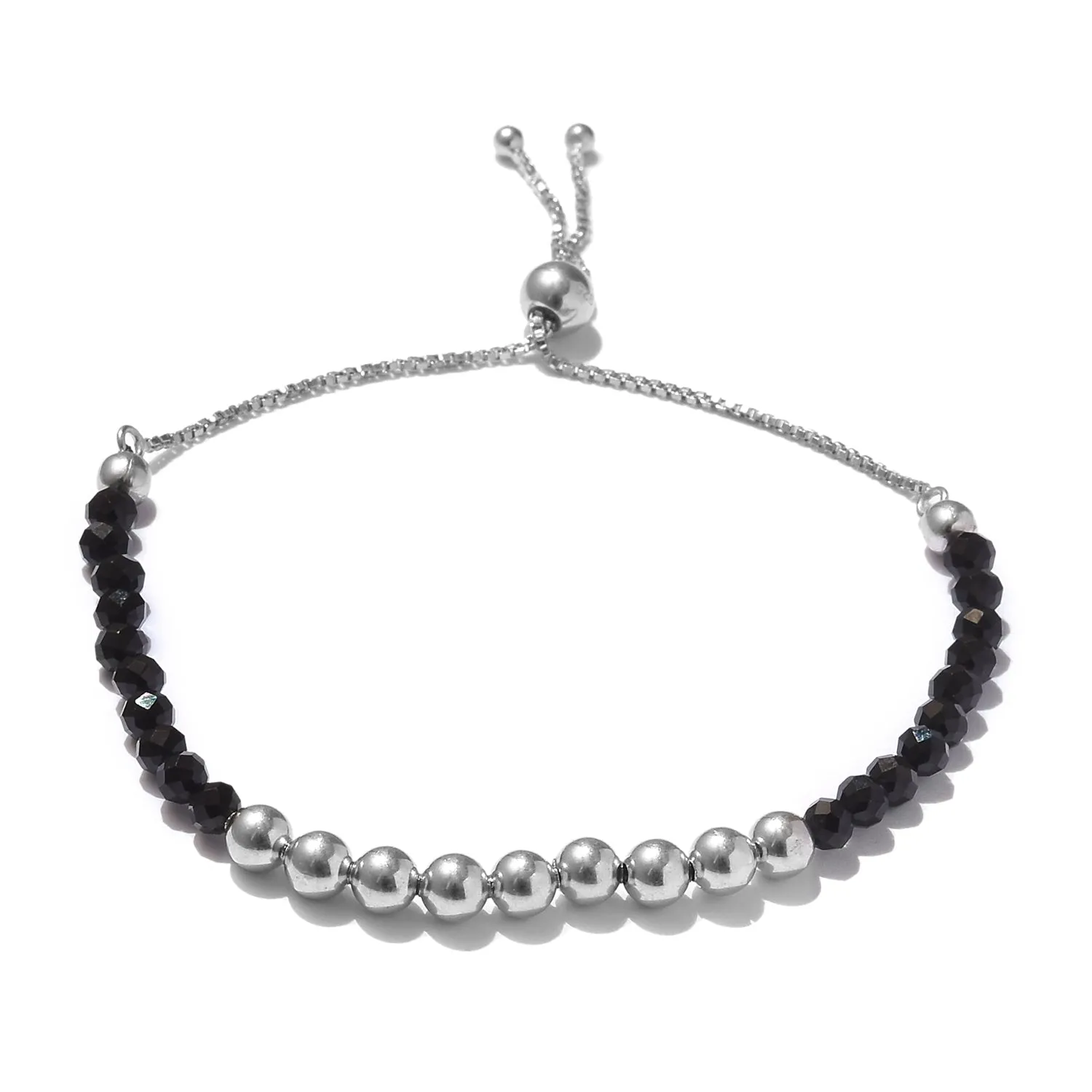 Platinum over Sterling Silver Bead & Faceted BLACK SPINEL Bead Adjustable Bracelet