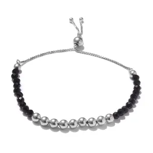 Platinum over Sterling Silver Bead & Faceted BLACK SPINEL Bead Adjustable Bracelet