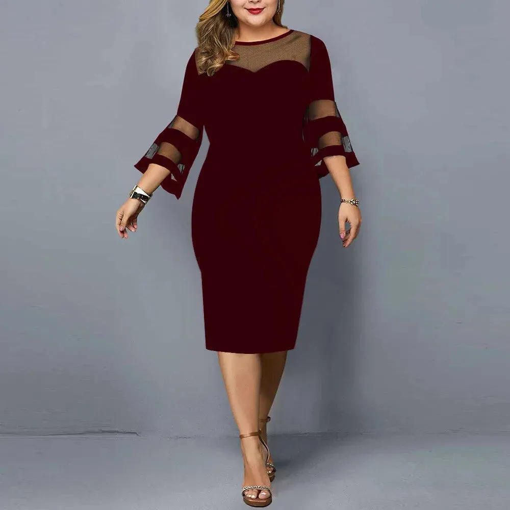 Plus Size Evening Dress for Women Mesh Patchwork Elegant Party Dress Midi Solid Evening Wedding Office Dresses