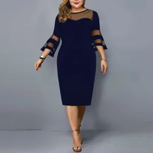 Plus Size Evening Dress for Women Mesh Patchwork Elegant Party Dress Midi Solid Evening Wedding Office Dresses