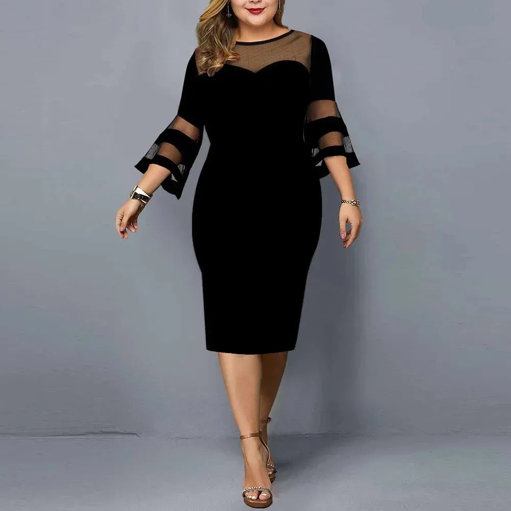 Plus Size Evening Dress for Women Mesh Patchwork Elegant Party Dress Midi Solid Evening Wedding Office Dresses