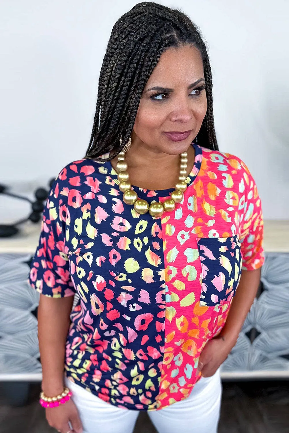 Plus Size Leopard Colorblock Short Sleeve Top