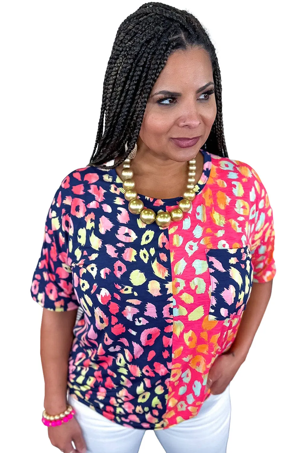 Plus Size Leopard Colorblock Short Sleeve Top
