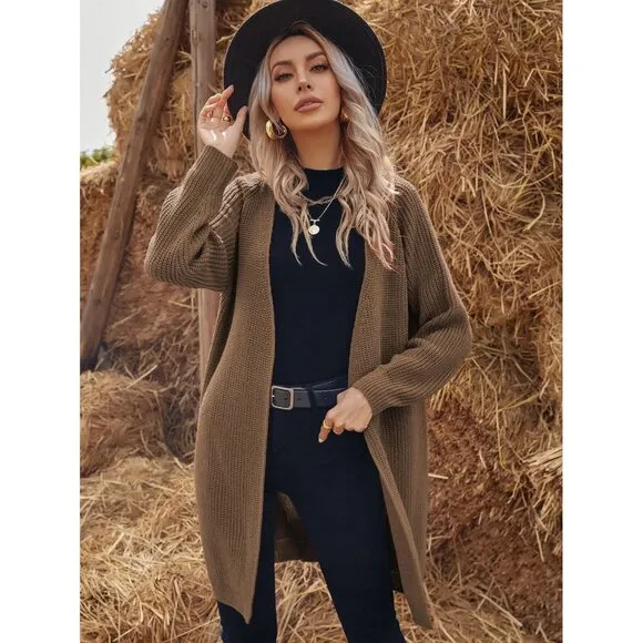 preppy soft knit open front knit cardigan sweater dark brown