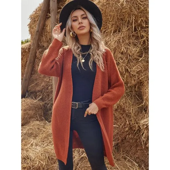 preppy soft knit open front knit cardigan sweater dark brown