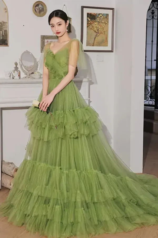 Princess V Neck Green Tulle Long Prom Dress with 3D Flowers, Long Green Formal Evening Dress APP0761