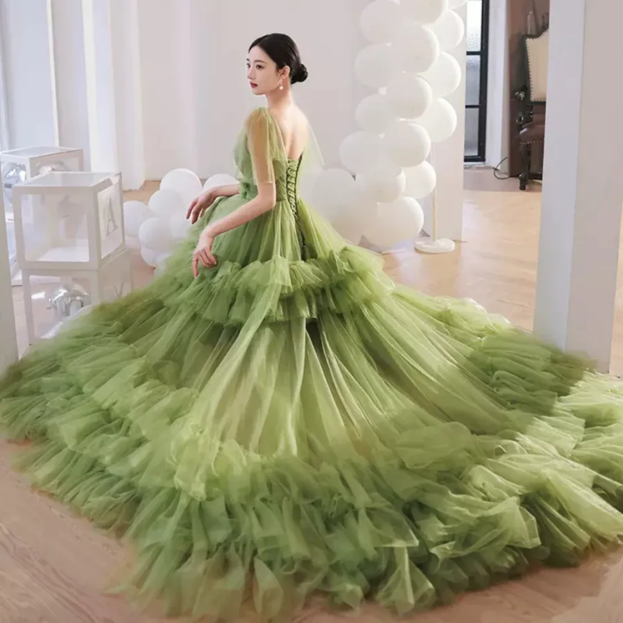 Princess V Neck Green Tulle Long Prom Dress with 3D Flowers, Long Green Formal Evening Dress APP0761