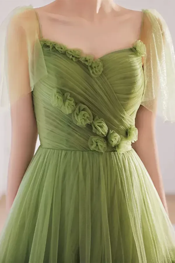 Princess V Neck Green Tulle Long Prom Dress with 3D Flowers, Long Green Formal Evening Dress APP0761