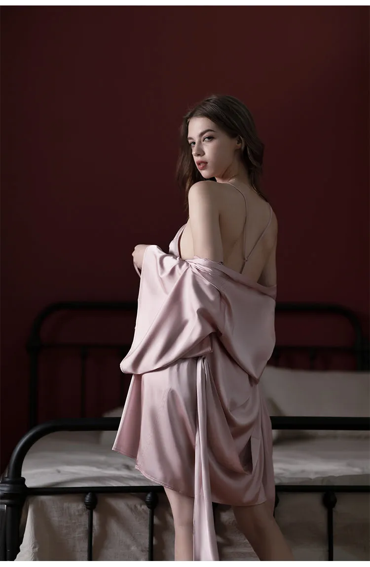 Pure Mulberry Silk Pink Robe for Spring & Summer, Bridesmaid Robe and Dress