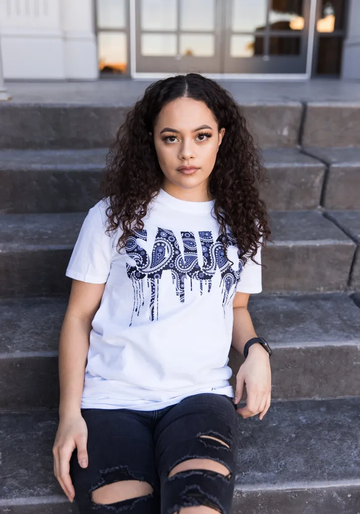 Purple Navy Paisley Bandana Sauce | White Tee