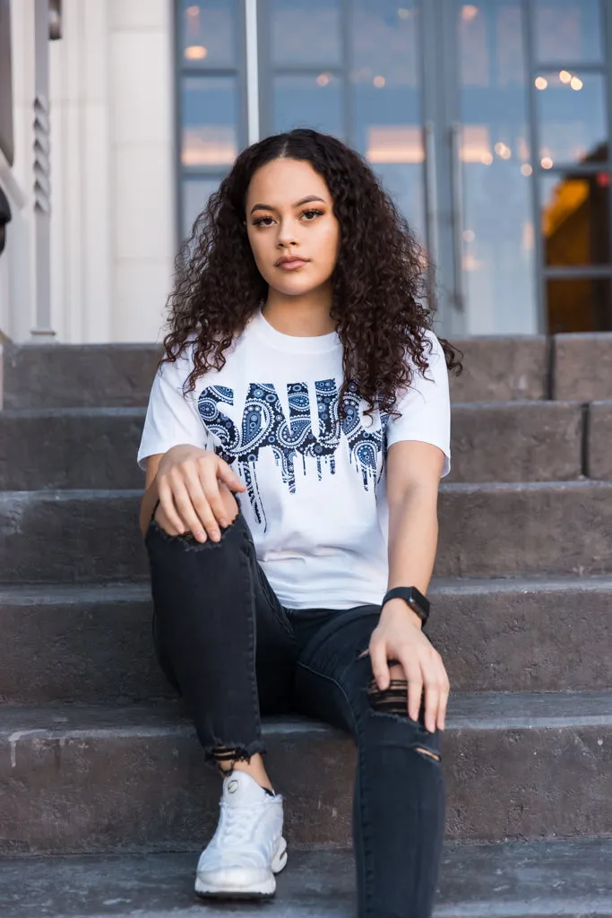 Purple Navy Paisley Bandana Sauce | White Tee