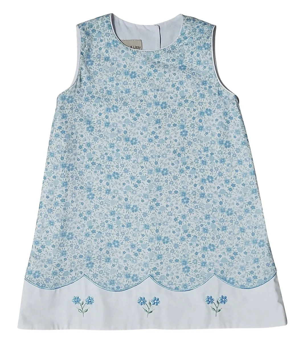 "Carly and Ronnie" Girl's Blue Floral A-Line Dress with Embroidery