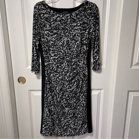 Ralph Lauren Ruched Fitted Dress 3/4 Sleeve Faux Wrap Bodycon Stretch Pullover